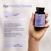 A hand holding up a bottle of Bye Painful Periods supplement against a light background, with product benefits and key actives listed alongside.