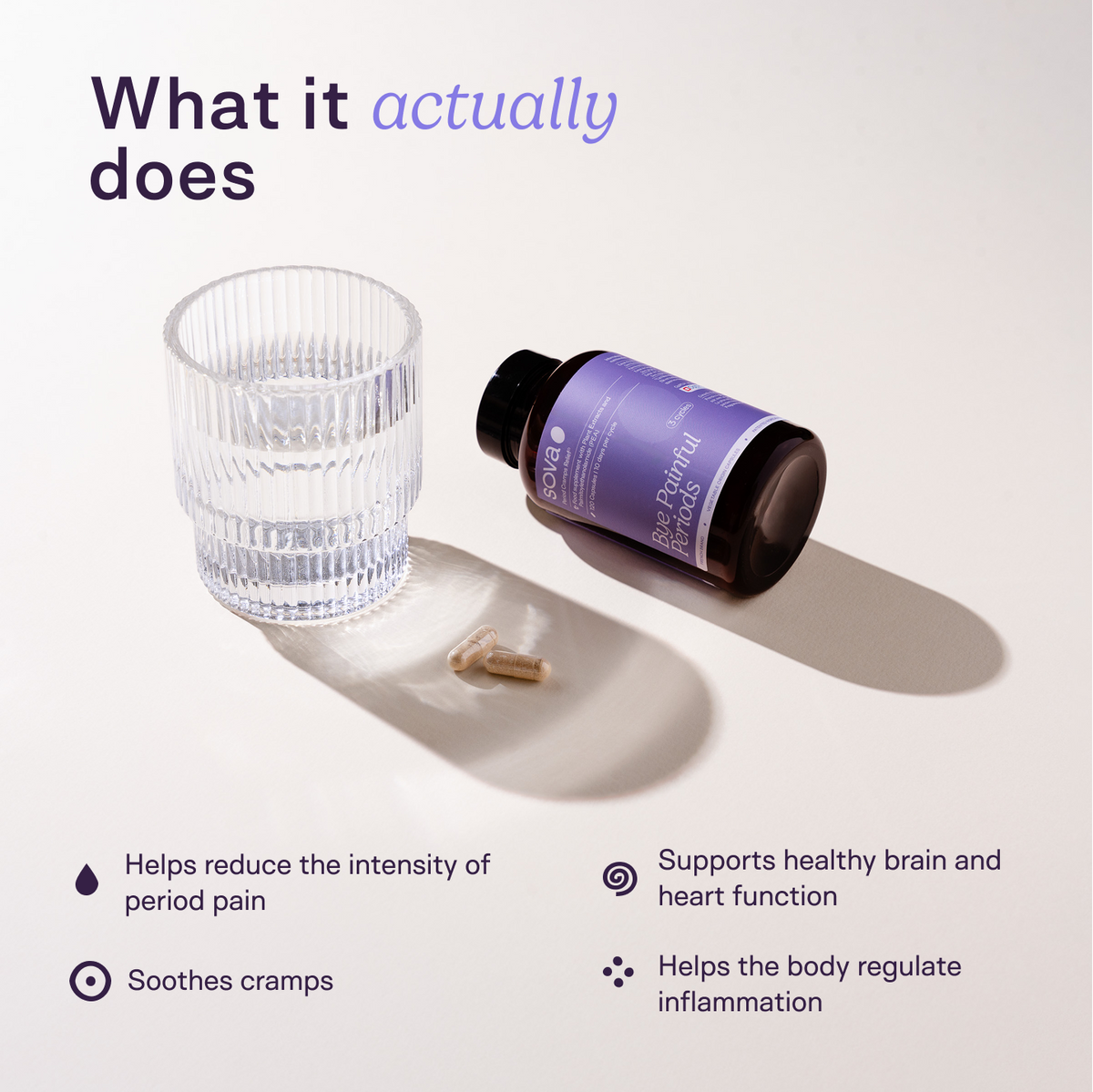 Bye Painful Periods supplement bottle lying on its side next to scattered capsules on a white surface, with a ribbed glass in the background.