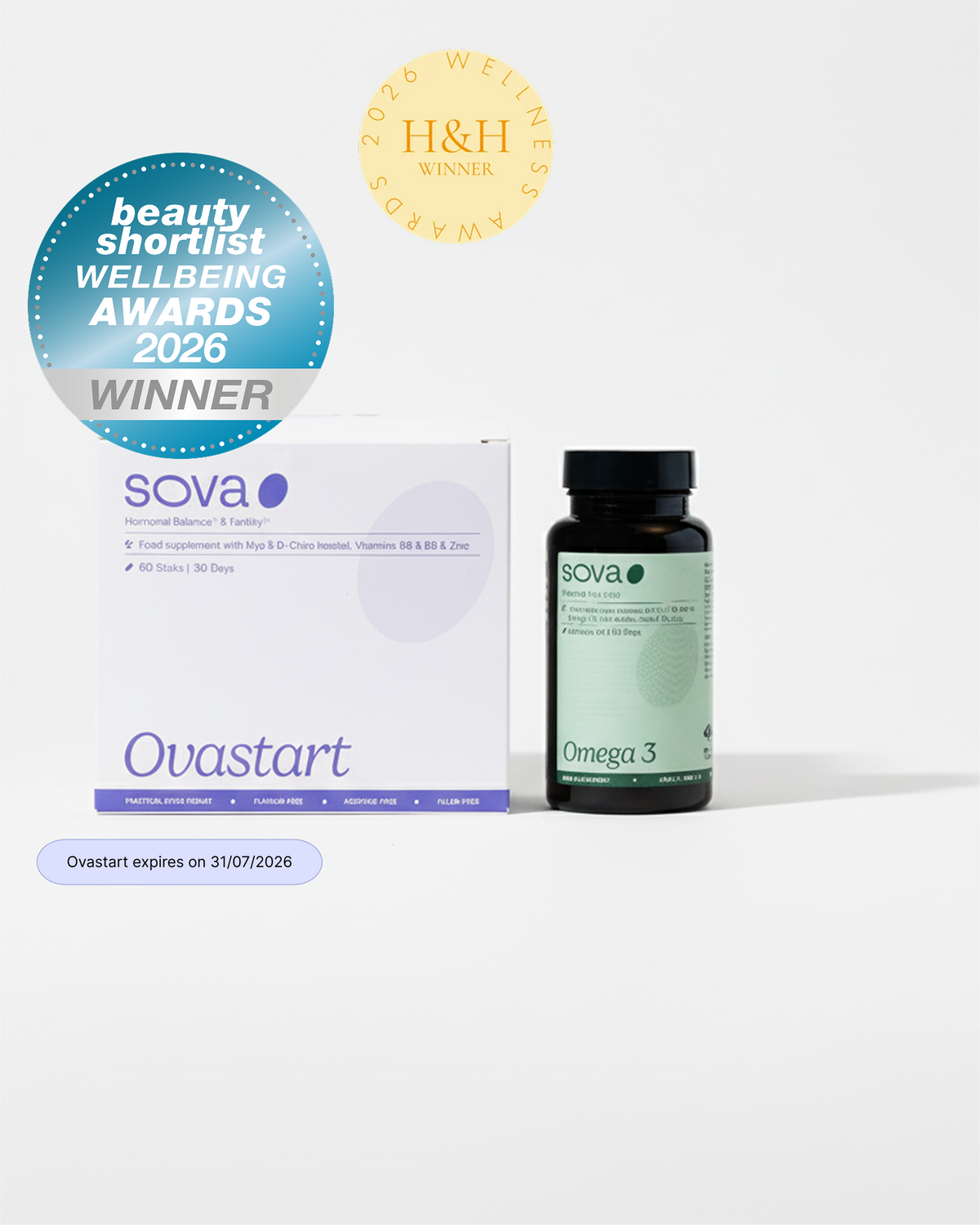 Sova Ovastart hormone balance supplement box and Omega 3 capsule bottle, with Beauty Shortlist Wellbeing Awards 2026 Winner and H&H Wellness Awards 2026 Winner badges