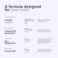 Ovastart ingredients: 4000mg Inositol, 200mcg Quatrefolic B9, 10mg Zinc Bisglycinate, 2mg Vitamin B6 - clinical dose PCOS supplement formula