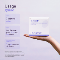 Ovastart usage guide: 2 sachets daily, taken before first and last meal, recommended for minimum 6 months